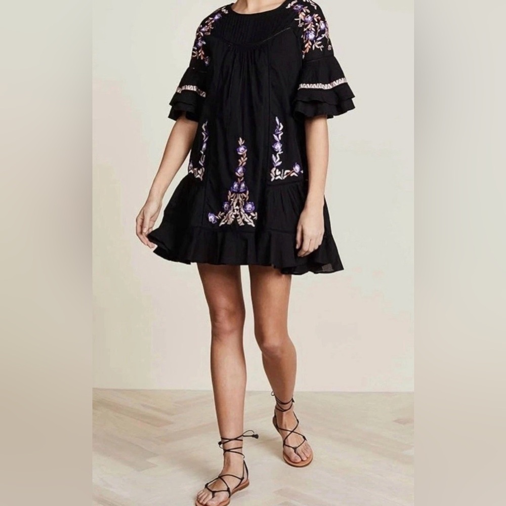 Free People Pavlo Embroidered Black Baby Doll Boho Mini Dress XS Fully Lined
